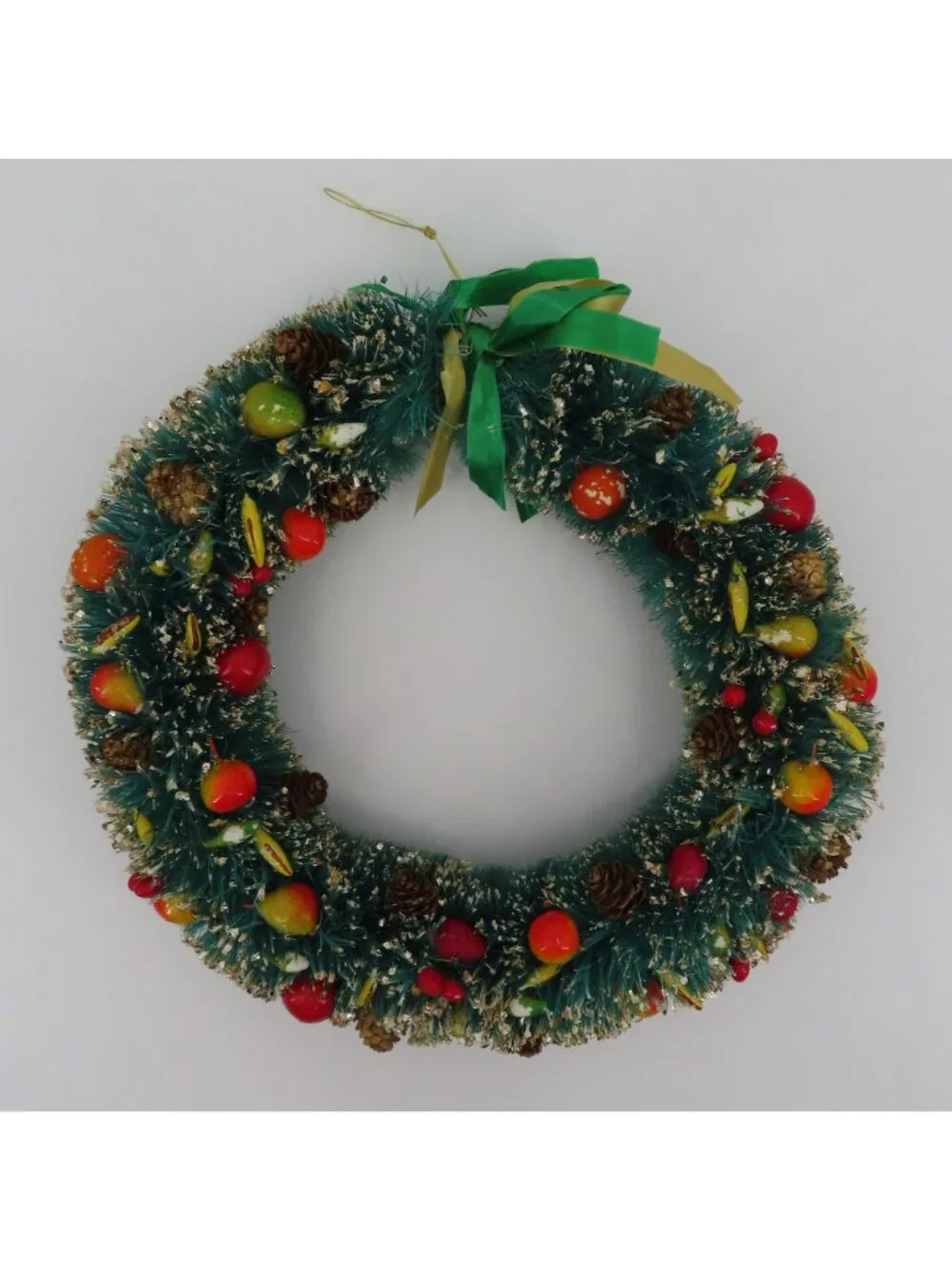 VTG Green Bottle Brush Wreath 12in Gold Flocked Multicolor Fruit Pinecone Retro